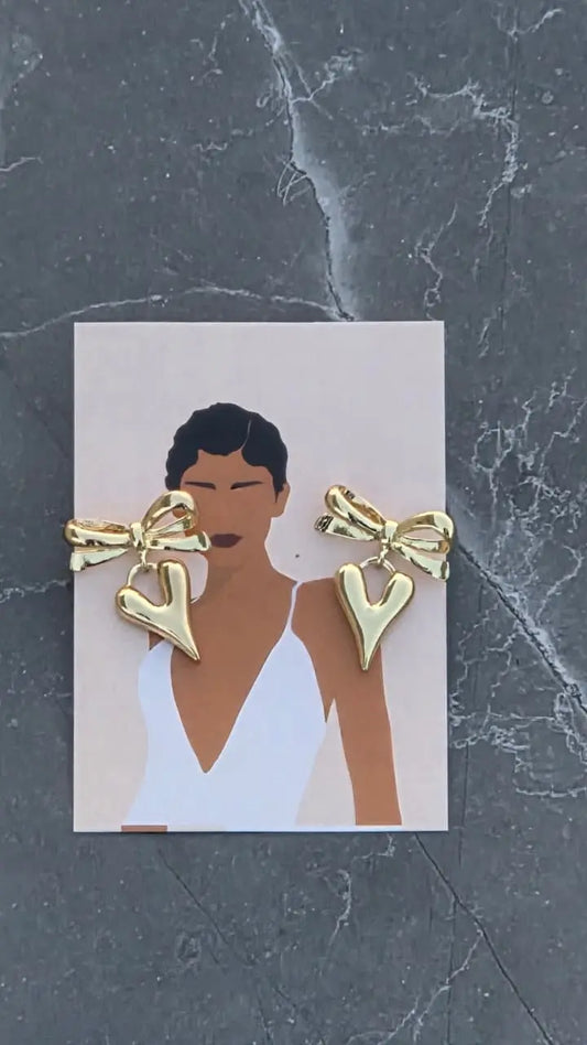 Anti tarnish earrings | Golden Heart & Bow Drop Cearo ornato jewellery